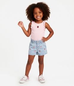 Short Jeans Infantil com Bordado de Morangos - Tam 1 A 6 Anos