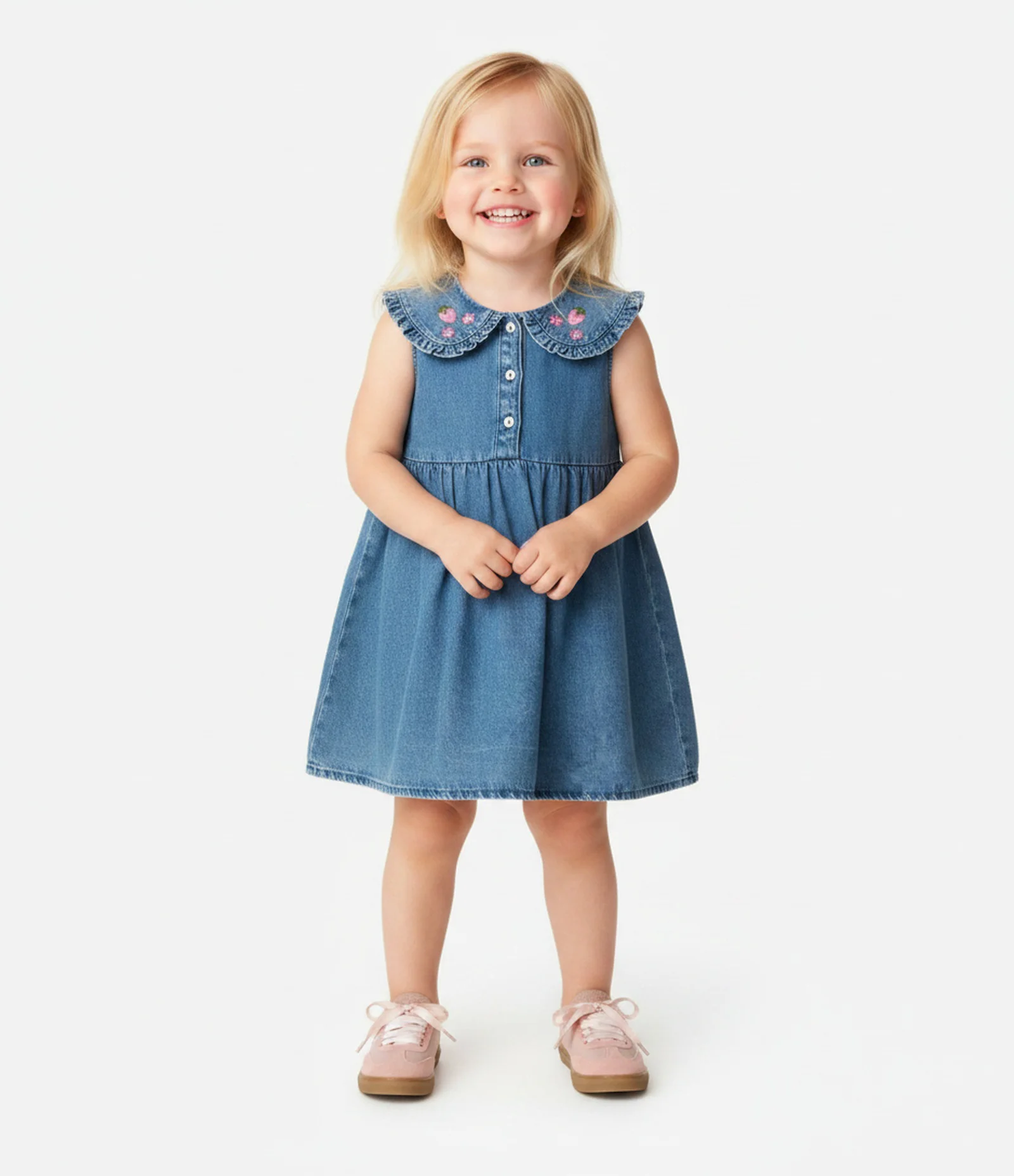 Vestido Jeans Infantil com Bordado de Florzinhas - Tam 1 a 6 Anos Azul 1