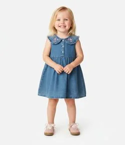 Vestido Jeans Infantil com Bordado de Florzinhas - Tam 1 a 6 Anos