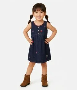 Vestido Jeans Infantil com Bordado e Botões - Tam 1 a 6 Anos