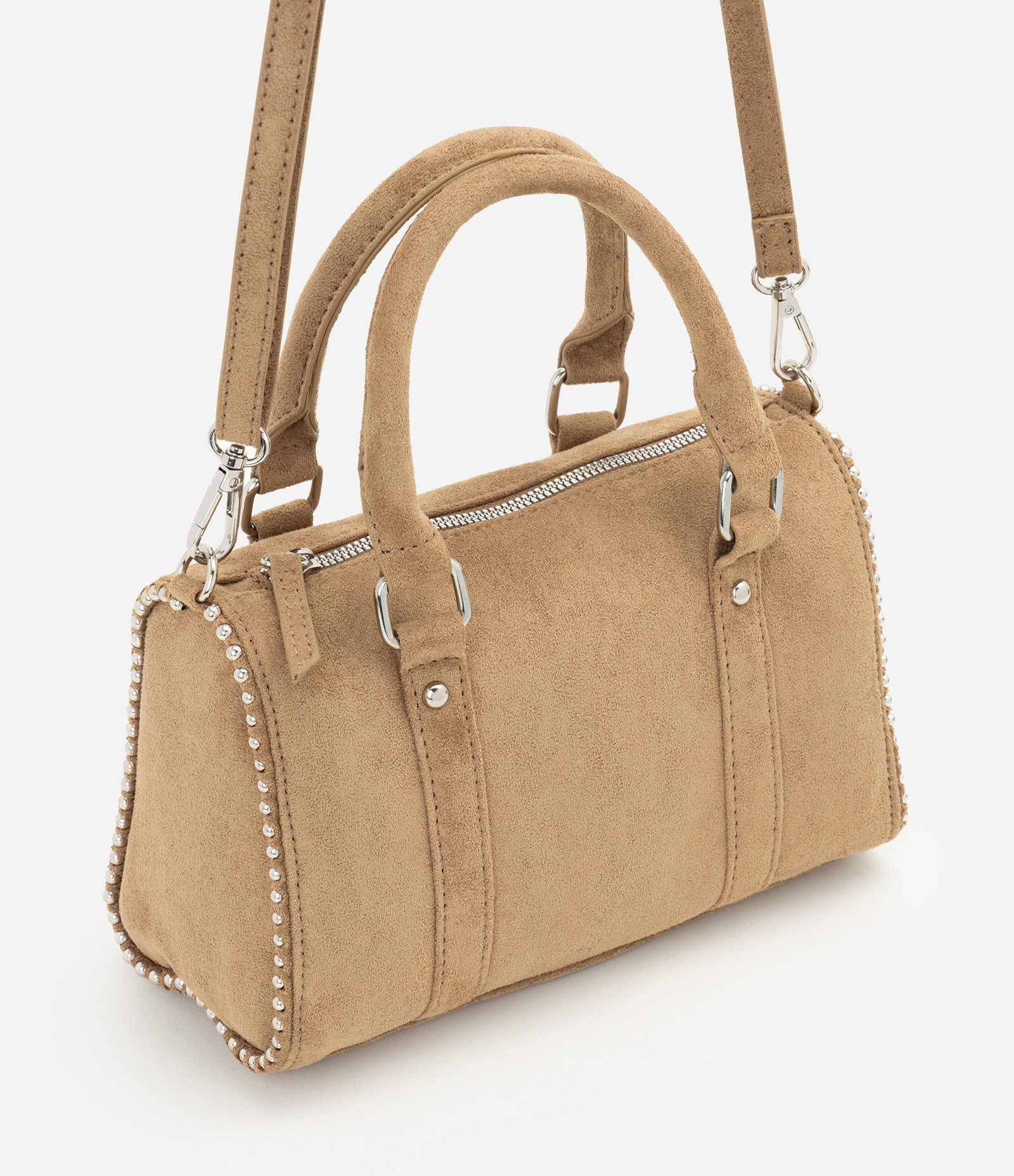 Bolsa Satchel em Suede com Alça Longa Removível Bege 3