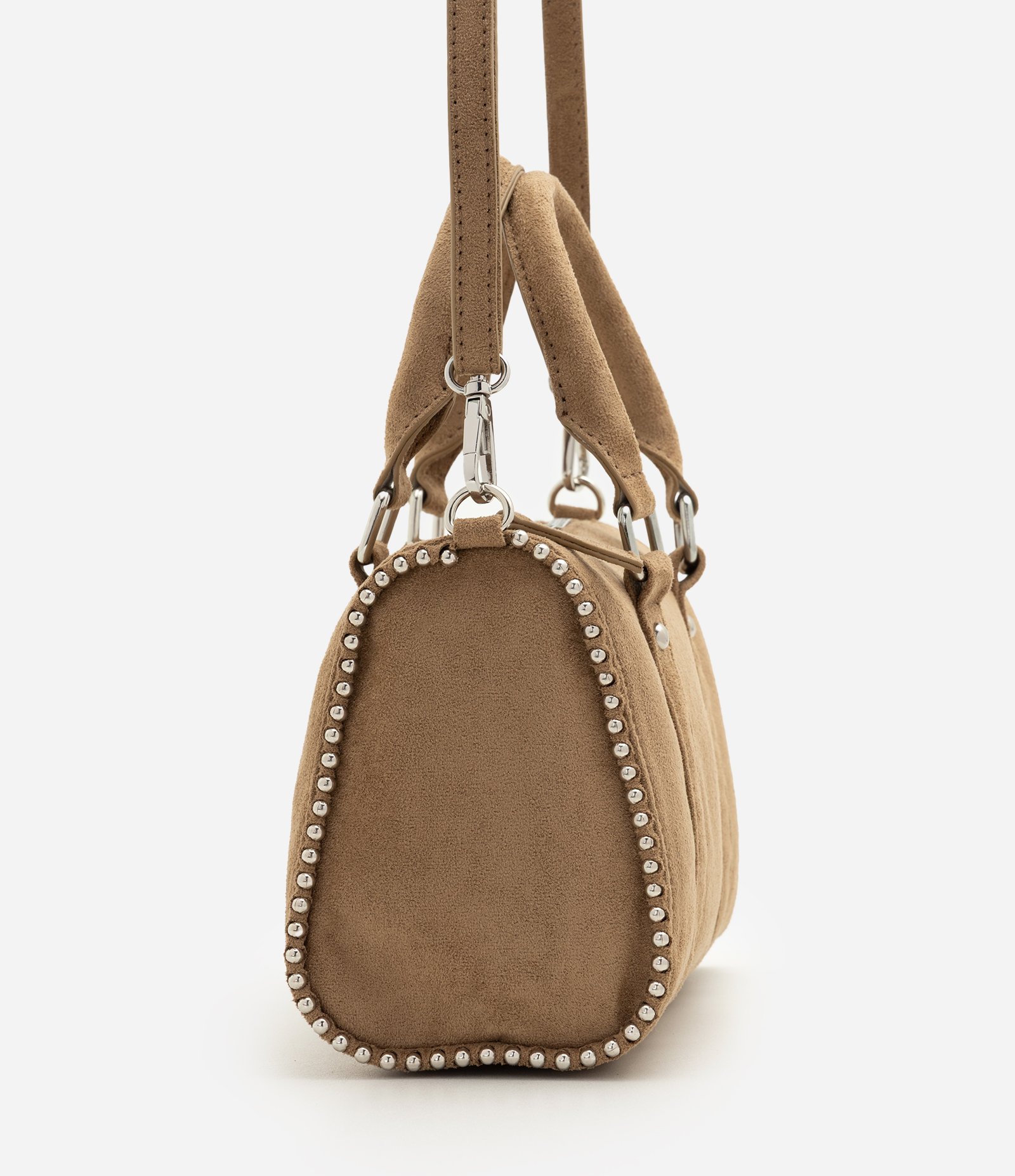 Bolsa Satchel em Suede com Alça Longa Removível Bege 4