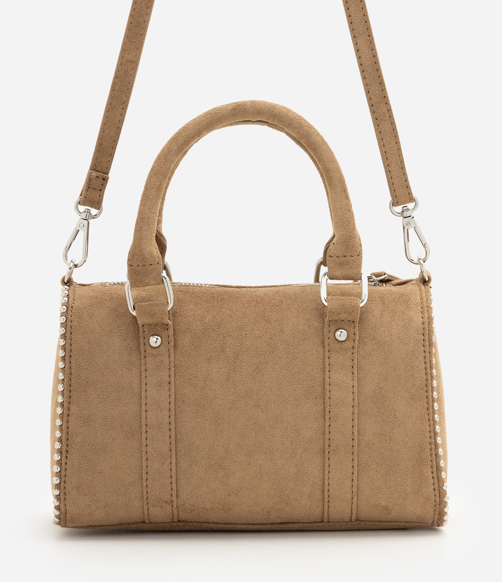 Bolsa Satchel em Suede com Alça Longa Removível Bege 5