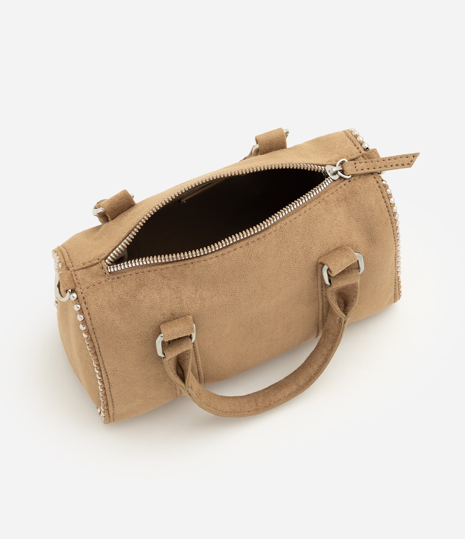 Bolsa Satchel em Suede com Alça Longa Removível Bege 6
