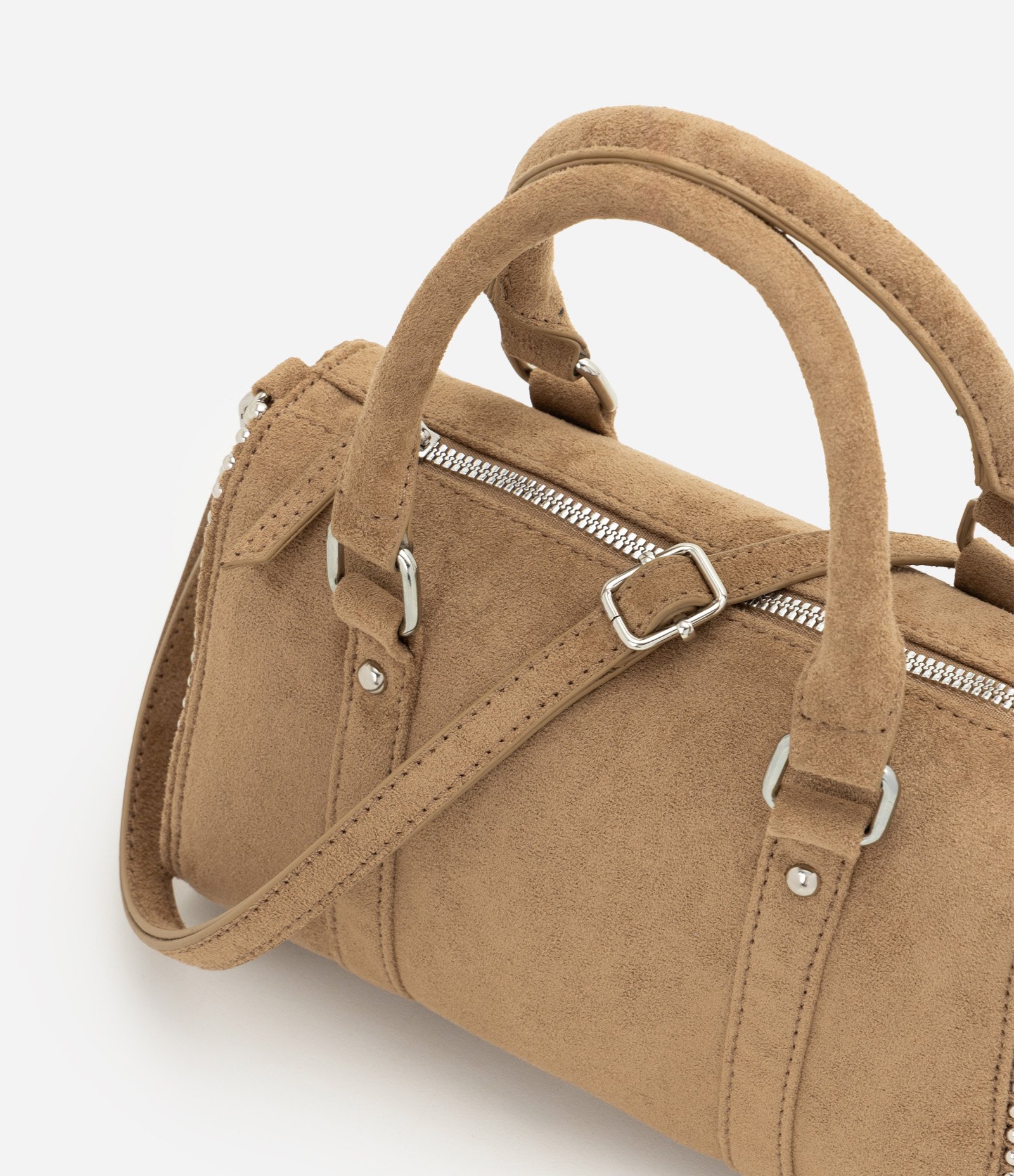 Bolsa Satchel em Suede com Alça Longa Removível Bege 7
