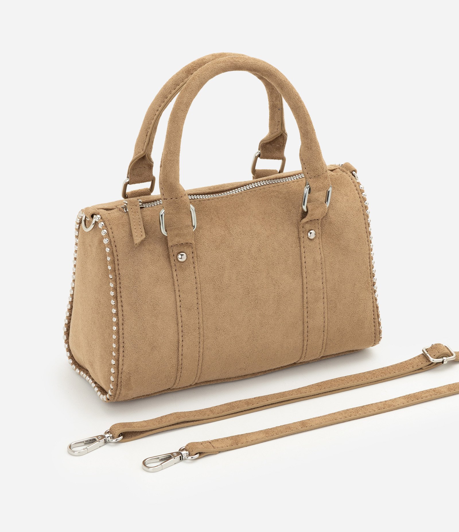 Bolsa Satchel em Suede com Alça Longa Removível Bege 8