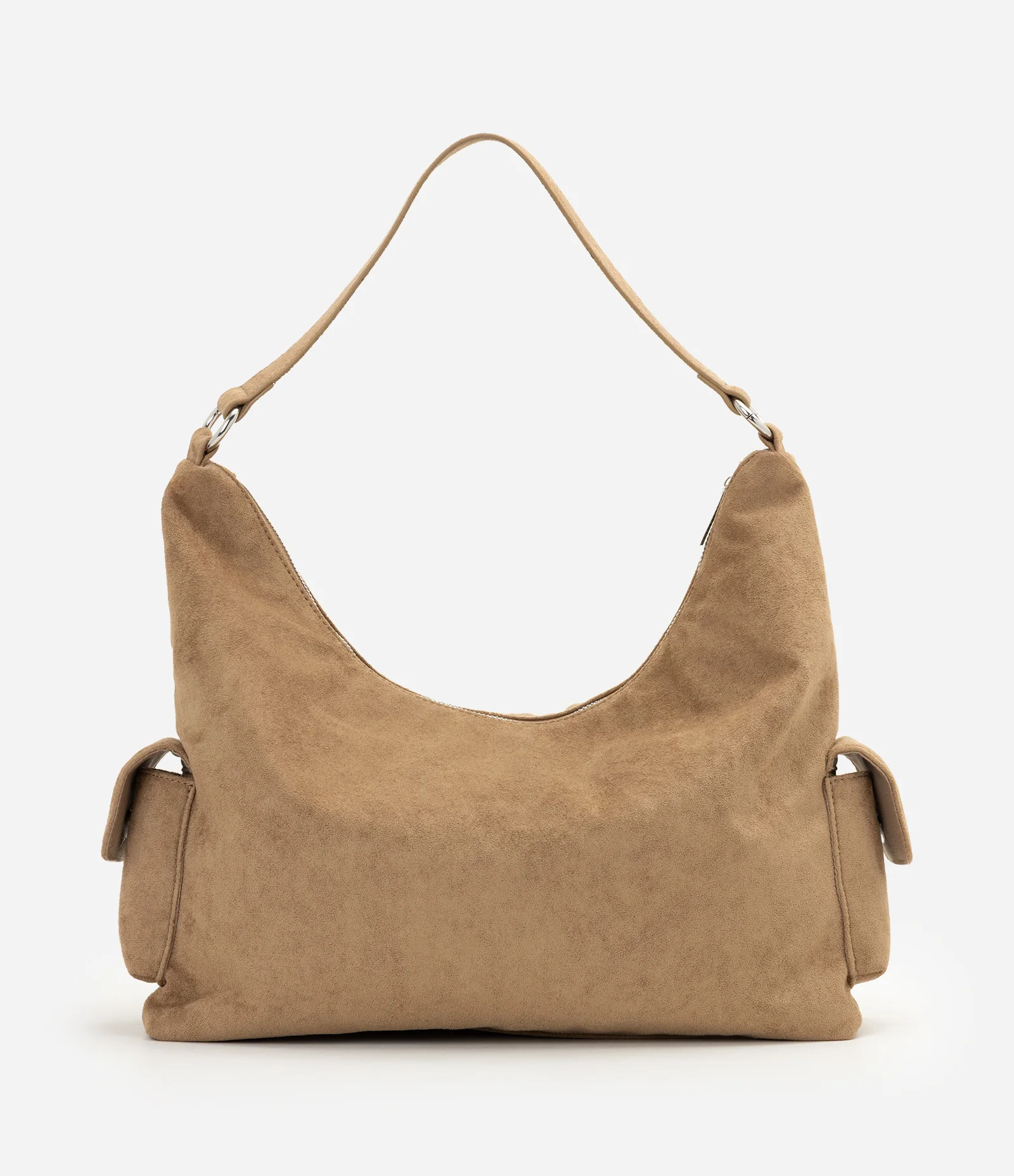 Bolsa Hobo Média em Suede com Detalhes Metalizados Bege 2