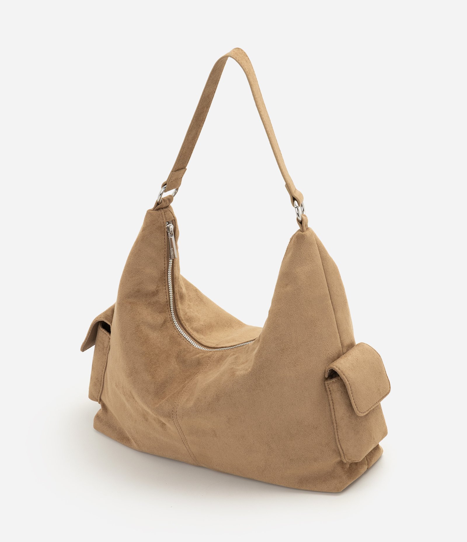Bolsa Hobo Média em Suede com Detalhes Metalizados Bege 3