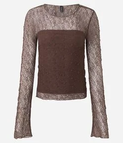 Blusa Manga Longa Texturizada com Manga Evasê e Transparência