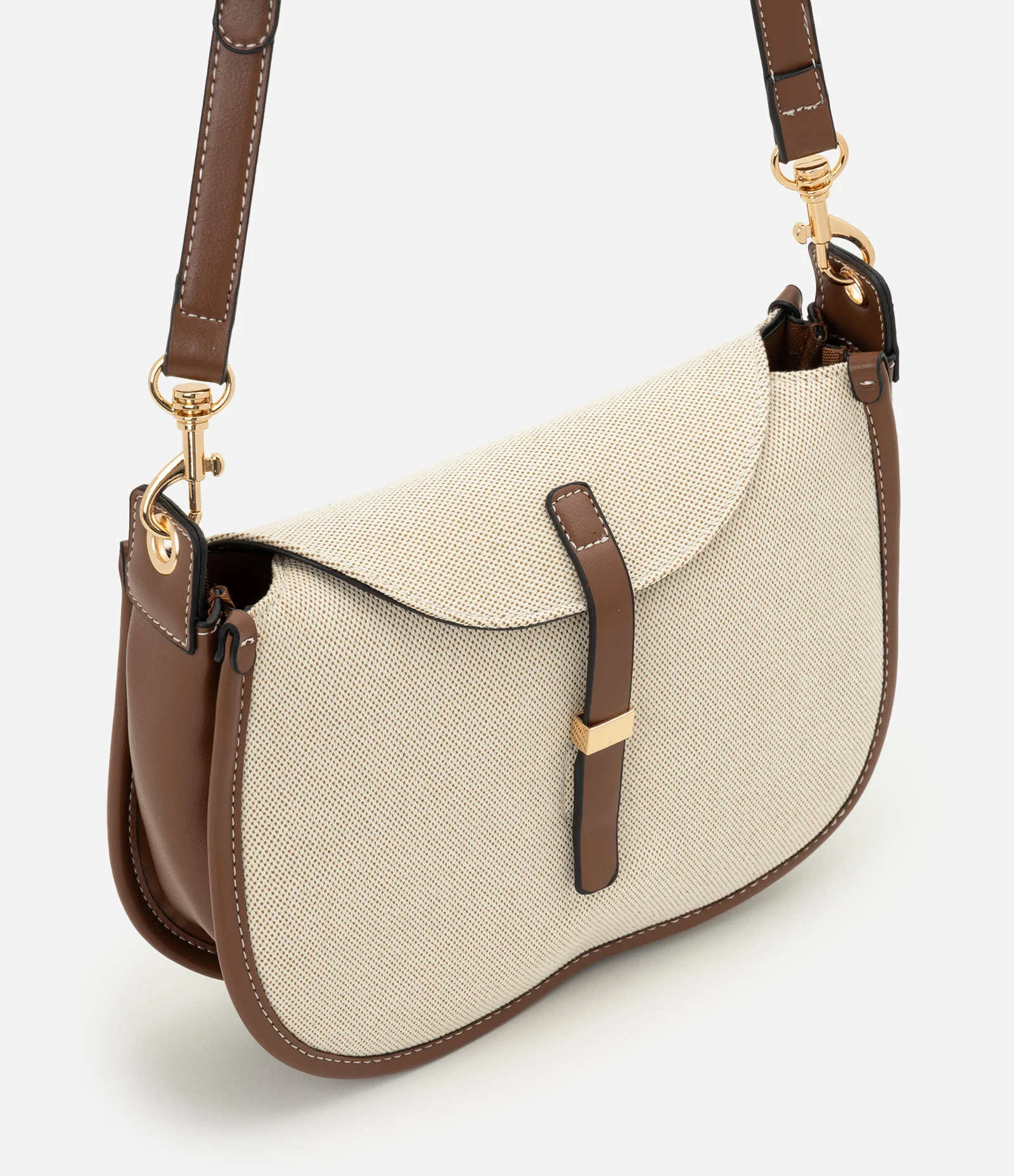 Bolsa Transversal Média com Aba e Detalhes Contrastantes Bege 1