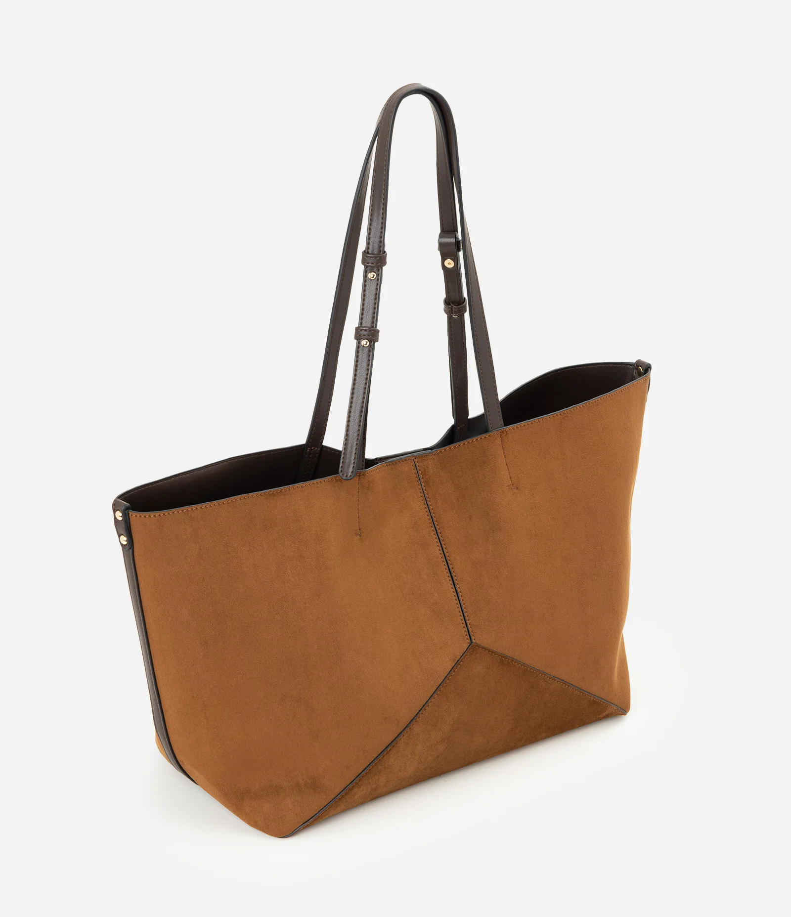 Bolsa Shopper Grande em Suede com Recortes Geométricos Marrom 1
