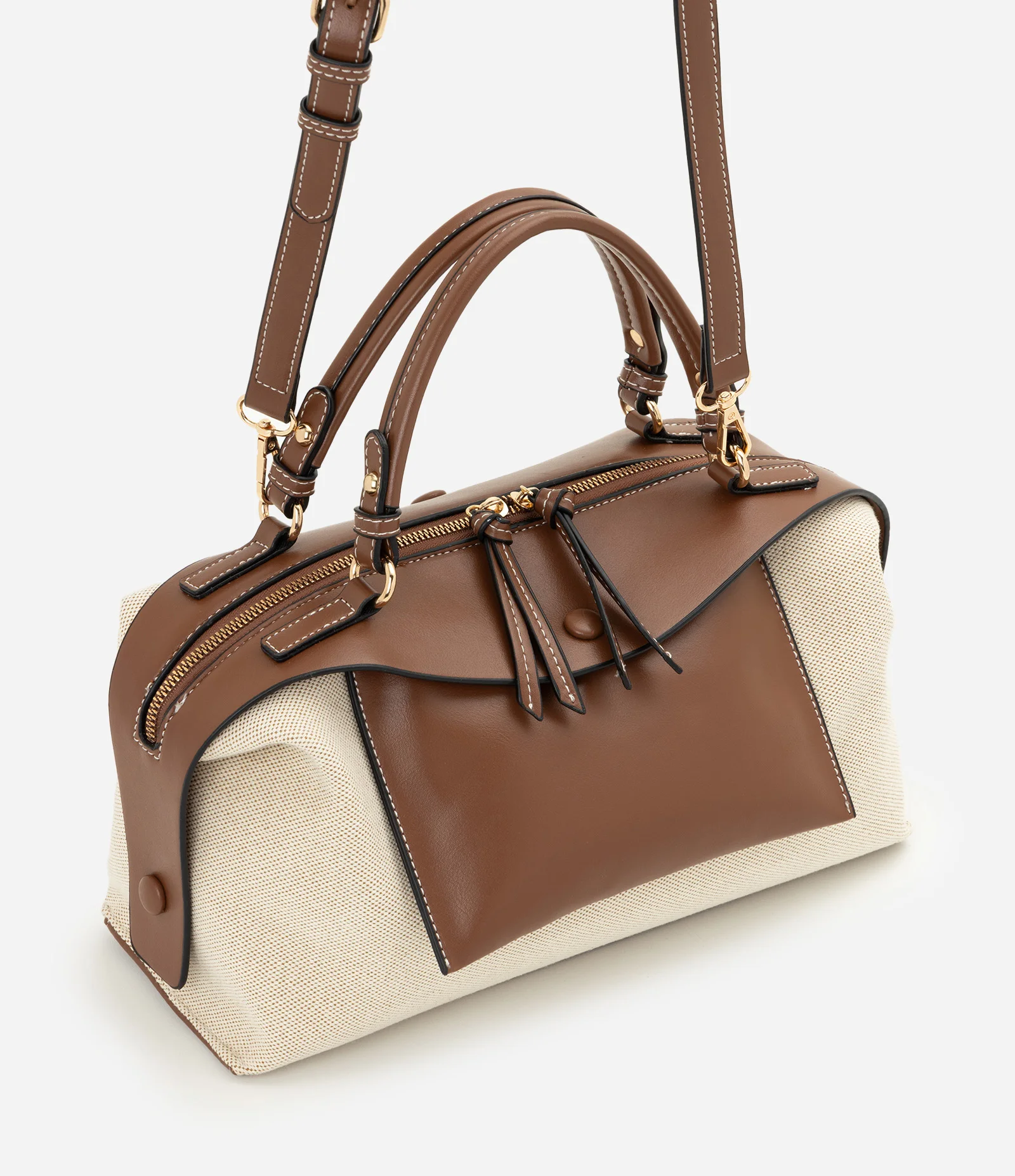 Bolsa Satchel Média com Detalhes Contrastantes Bege 1