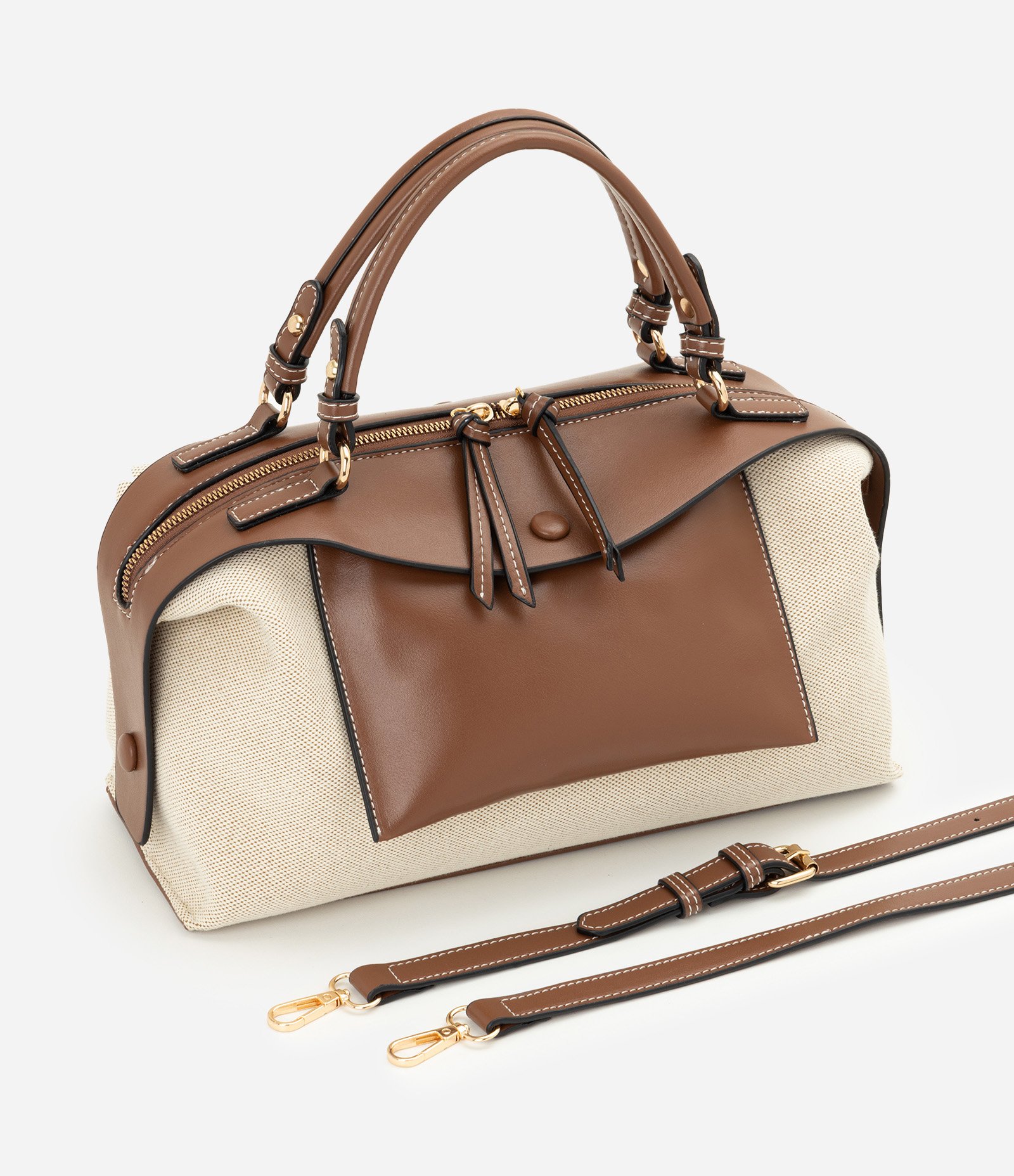 Bolsa Satchel Média com Detalhes Contrastantes Bege 5