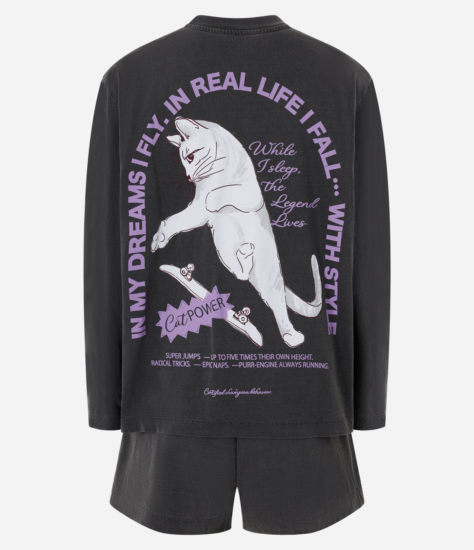 Pijama Curto com Estampa de Gato Skatista Estonado Cinza 2