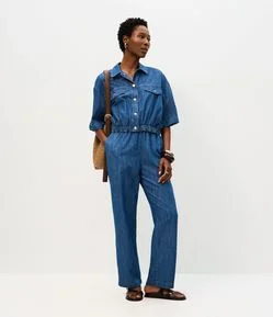 Calça Reta Comfort em Jeans com Cintura Alta e Cós Elástico