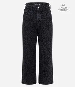 Calça Reta Cropped em Jeans com Cintura Alta e Estampa Animal Print