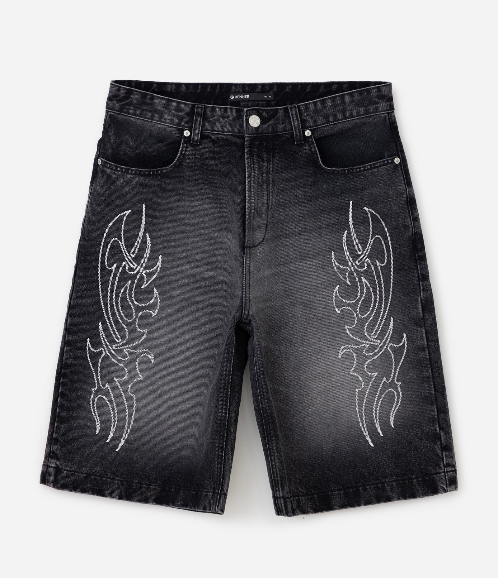 Bermuda Jeans Baggy Relaxed com Bordado Tribal Frontal Preto 5