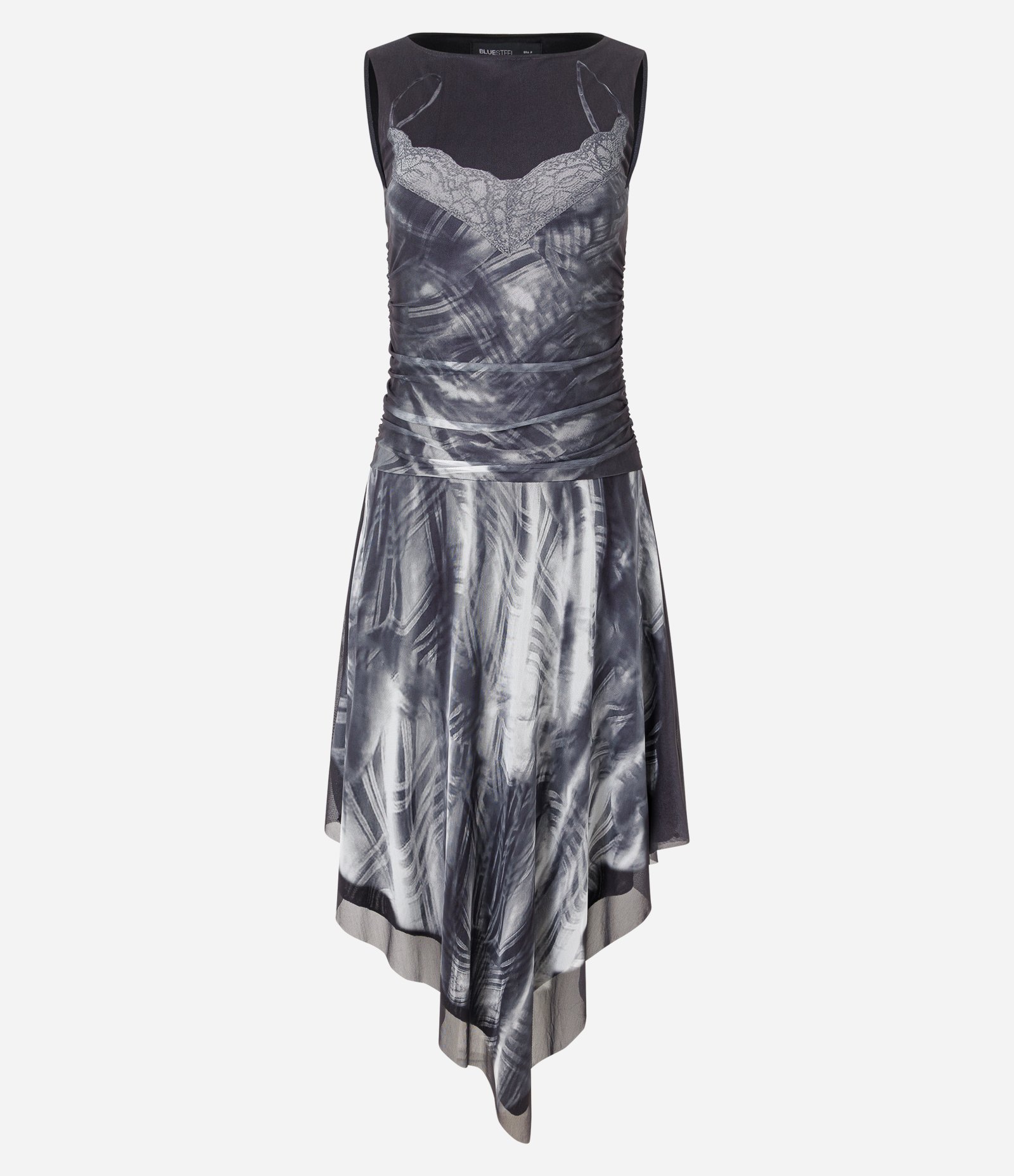 Vestido Midi em Tule com Estampa Abstrata e Barra Assimétrica Preto 5