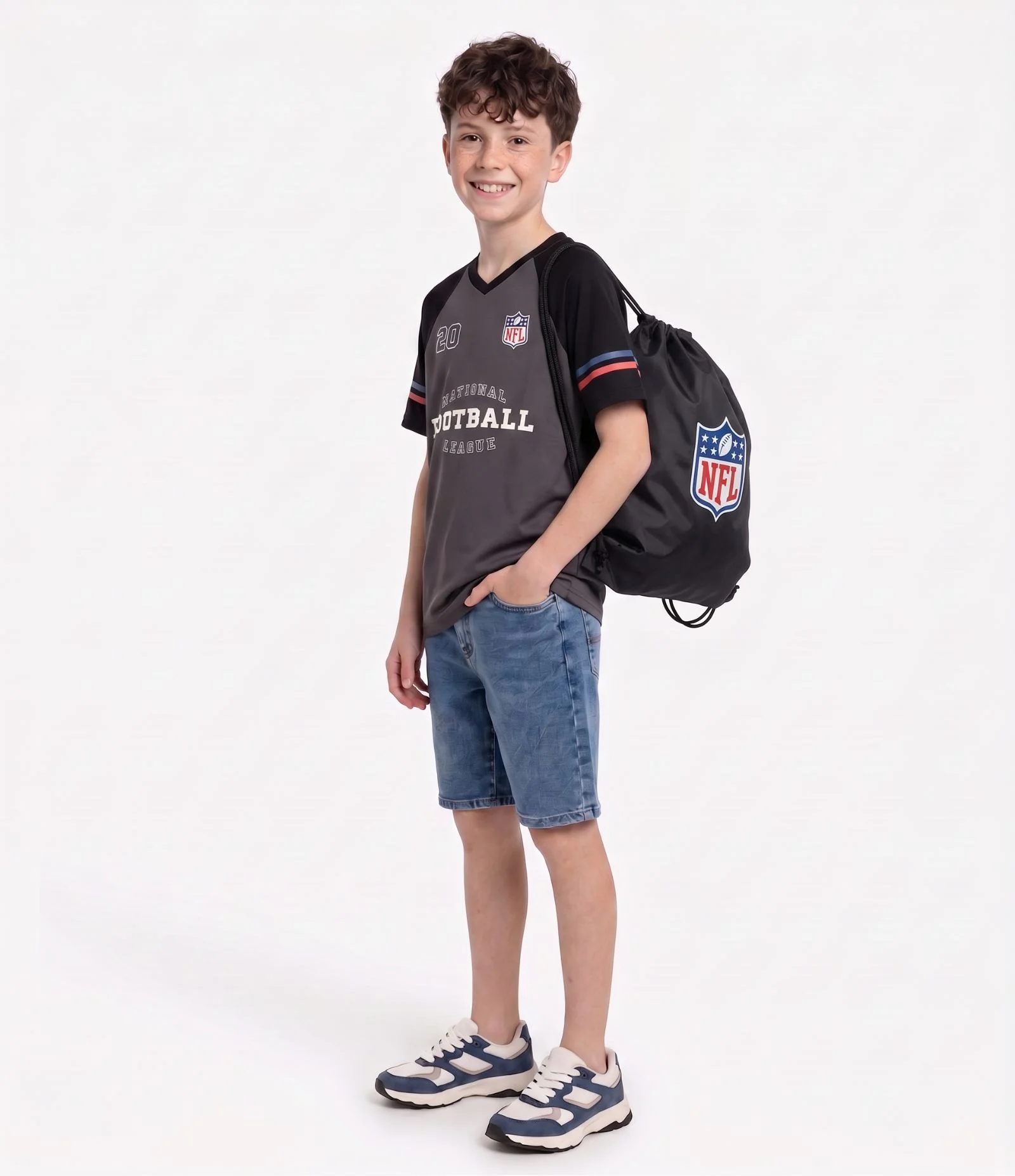 Camiseta Infantil NFL Football Acompanha Mochila Gymsack - Tam 5 a 14 Anos Cinza 1