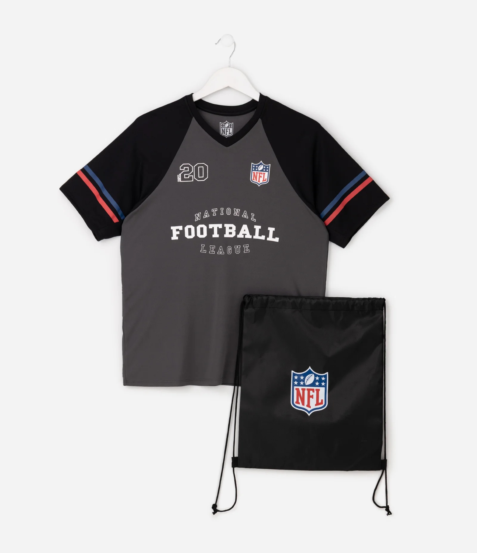 Camiseta Infantil NFL Football com Mochila Gymsack Tam 5 a 14 Anos Cinza 1