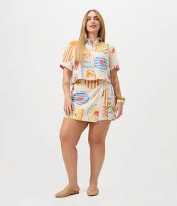 Short Saia em Viscolinho com Estampa de Selos Curve & Plus Size
