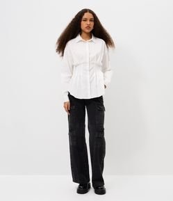 Calça Wide Leg Jeans com Cintura Alta e Tachas