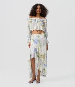 Saia Mullet Floral em Viscose Texturizada com Cintura Franzida