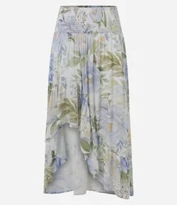 Saia Mullet Floral em Viscose Texturizada com Cintura Franzida