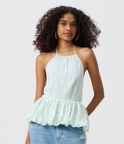 Blusa Balonê Halter com Estampa Xadrez Texturizada e Costas Franzidas