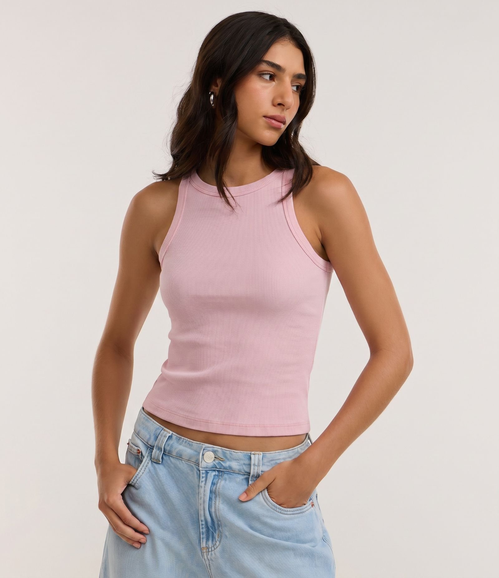 Blusa Regata Canelada em Ribana de Algodão Rosa Claro 1
