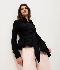 Camisa Peplum em Tricoline com Amarração em Laço na Cintura