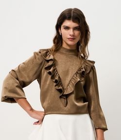 Blusa Bata Acetinada com Gola Laço e Babados