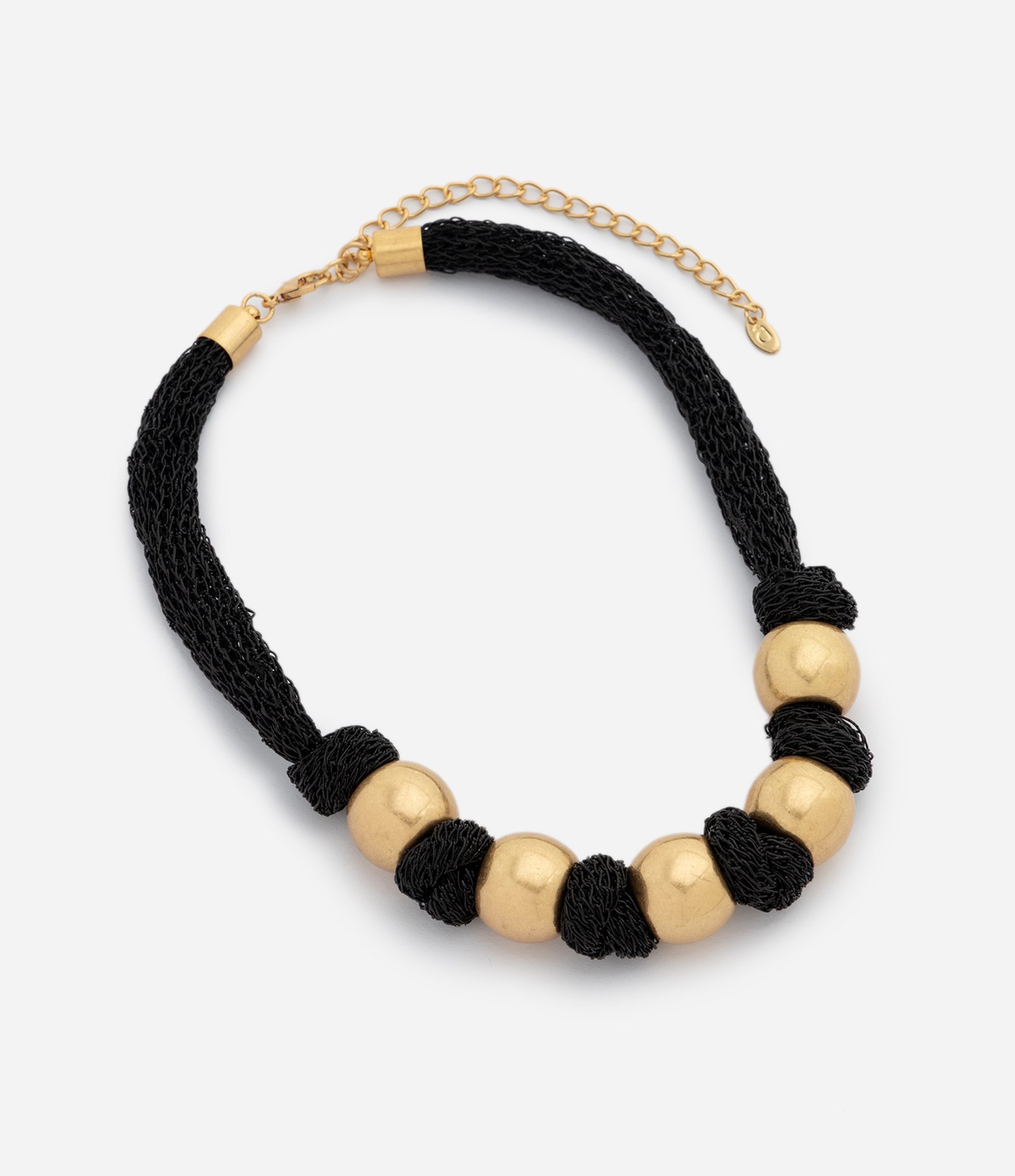 Colar Maxi com Mix de Tecido e Esferas Preto/Dourado 4