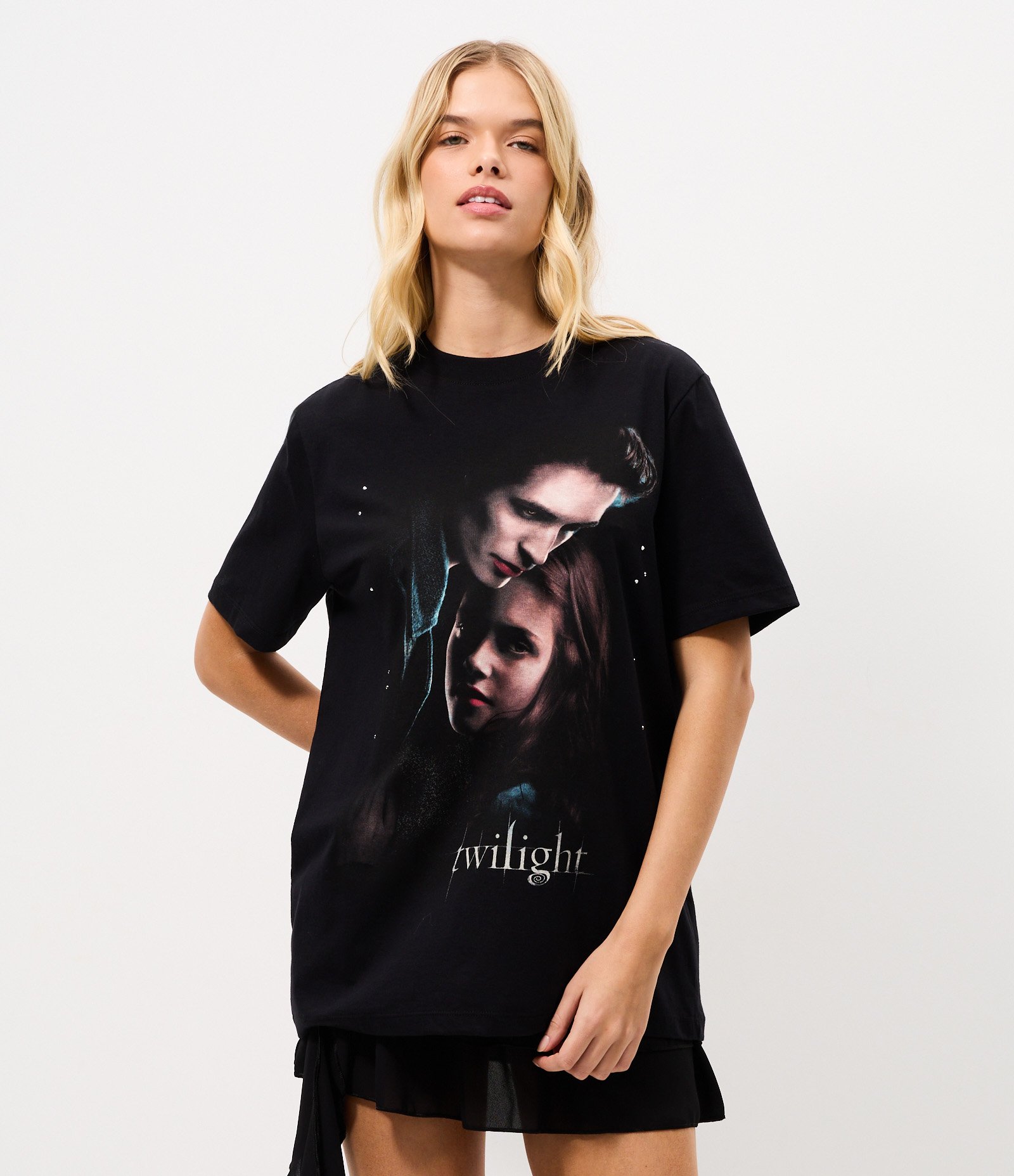 Camiseta Boxy com Estampa Twilight Edward e Bela e Lettering Brilhoso Preto 1