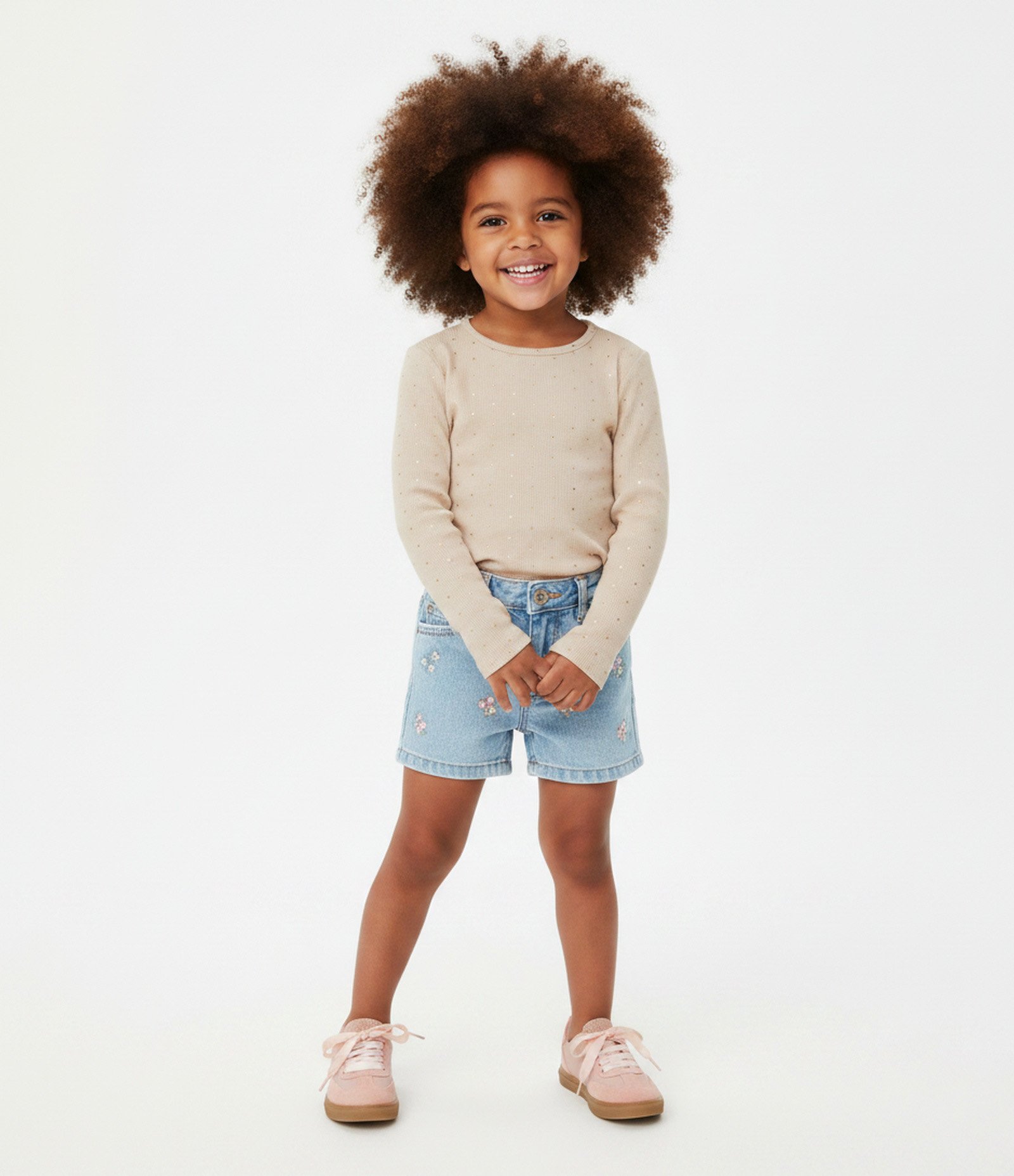 Blusa Slim Infantil em Ribana com Estampa Poá Metalizado – Tam 1 a 6 Anos Bege Claro 1