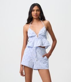 Short em Tricoline com Listras e Estampa de Flores