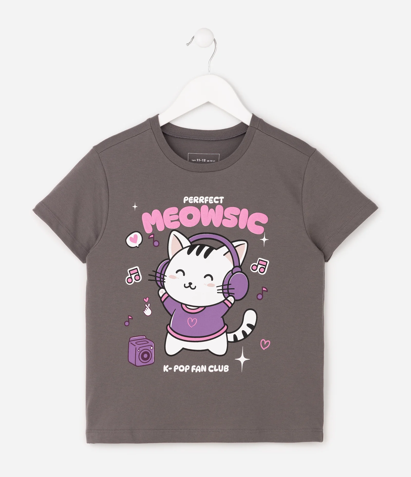 Camiseta Regular Infantil com Estampa de Gatinha com Fones - Tam 5 a 16 Anos Cinza 2