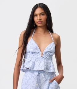 Blusa Frente Única Peplum em Tricoline com Estampa Listrada com Flores