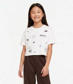 Camiseta Cropped Relaxed em Algodao com Estampa Doodle - Tam 5 a 16 Anos