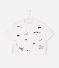 Camiseta Cropped Relaxed em Algodao com Estampa Doodle - Tam 5 a 16 Anos