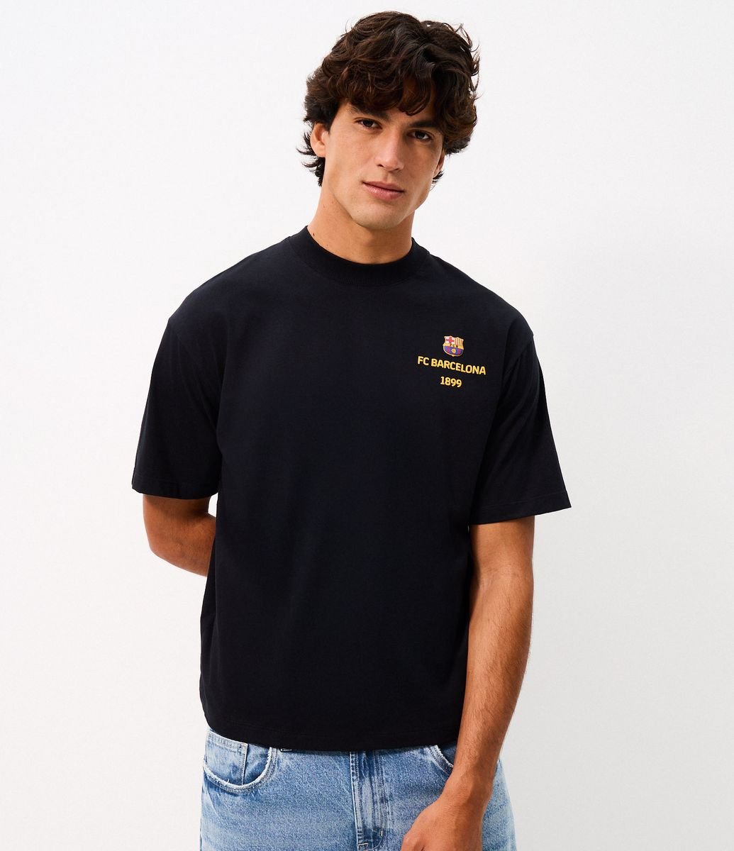 Camiseta Boxy em Algodão FC Barcelona Lettering Preto