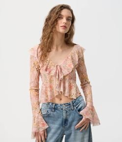 Blusa Floral em Renda com Babados e Amarração Frontal