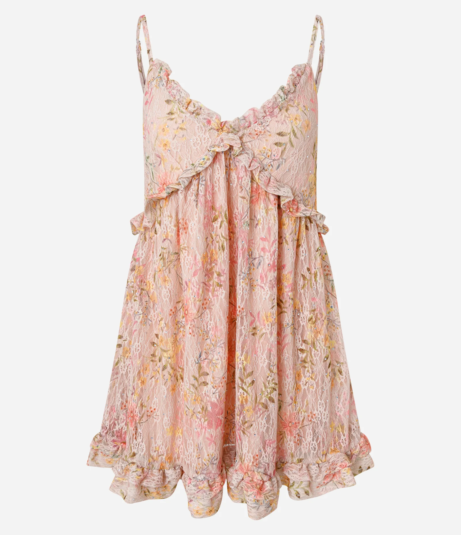 Vestido Curto Floral em Renda com Pedrinhas e Babados Rosa 5