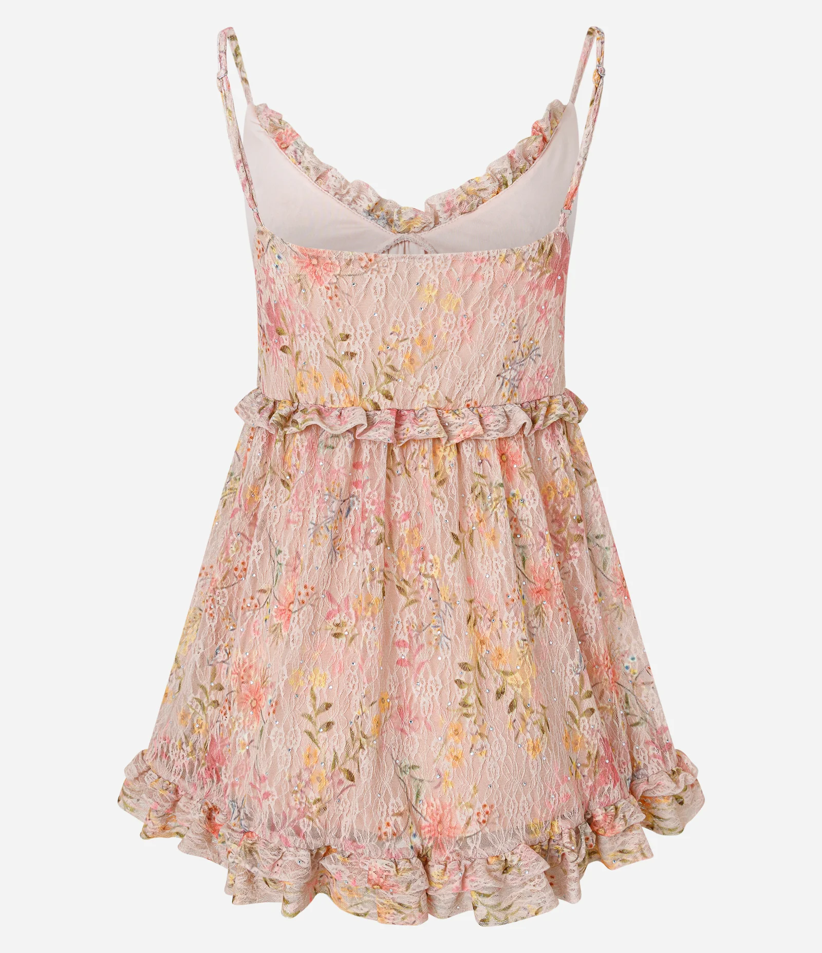 Vestido Curto Floral em Renda com Pedrinhas e Babados Rosa 6