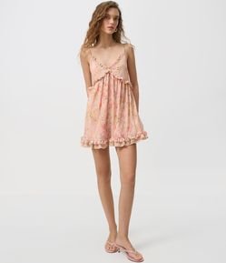 Vestido Curto Floral em Renda com Pedrinhas e Babados
