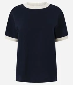 Blusa em Algodão com Gola e Barra das Mangas Contrastante