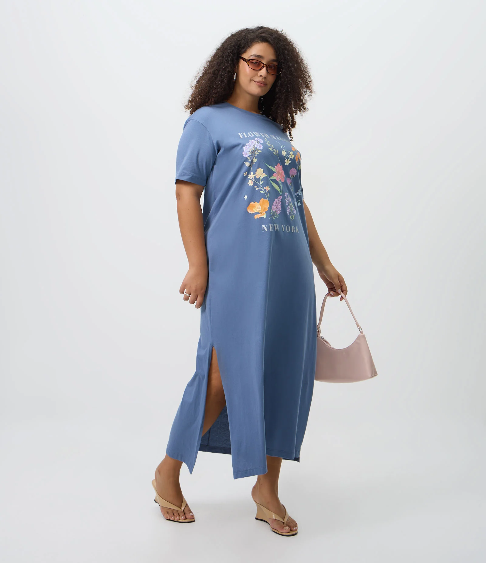 Vestido Longo em Algodão com Estampa Floral e Lettering Curve & Plus Size Azul 1