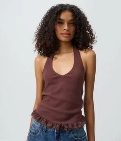 Blusa Frente Única Cropped em Ribana com Barra Rendada Dupla
