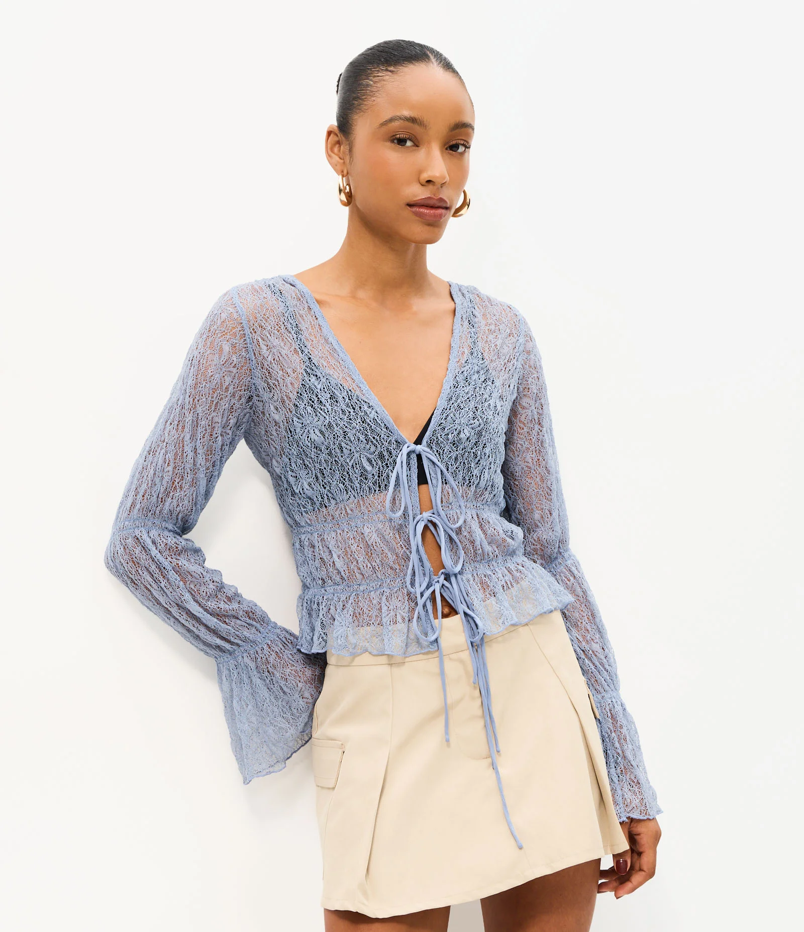 Blusa Peplum com Amarração em Lacinhos Azul