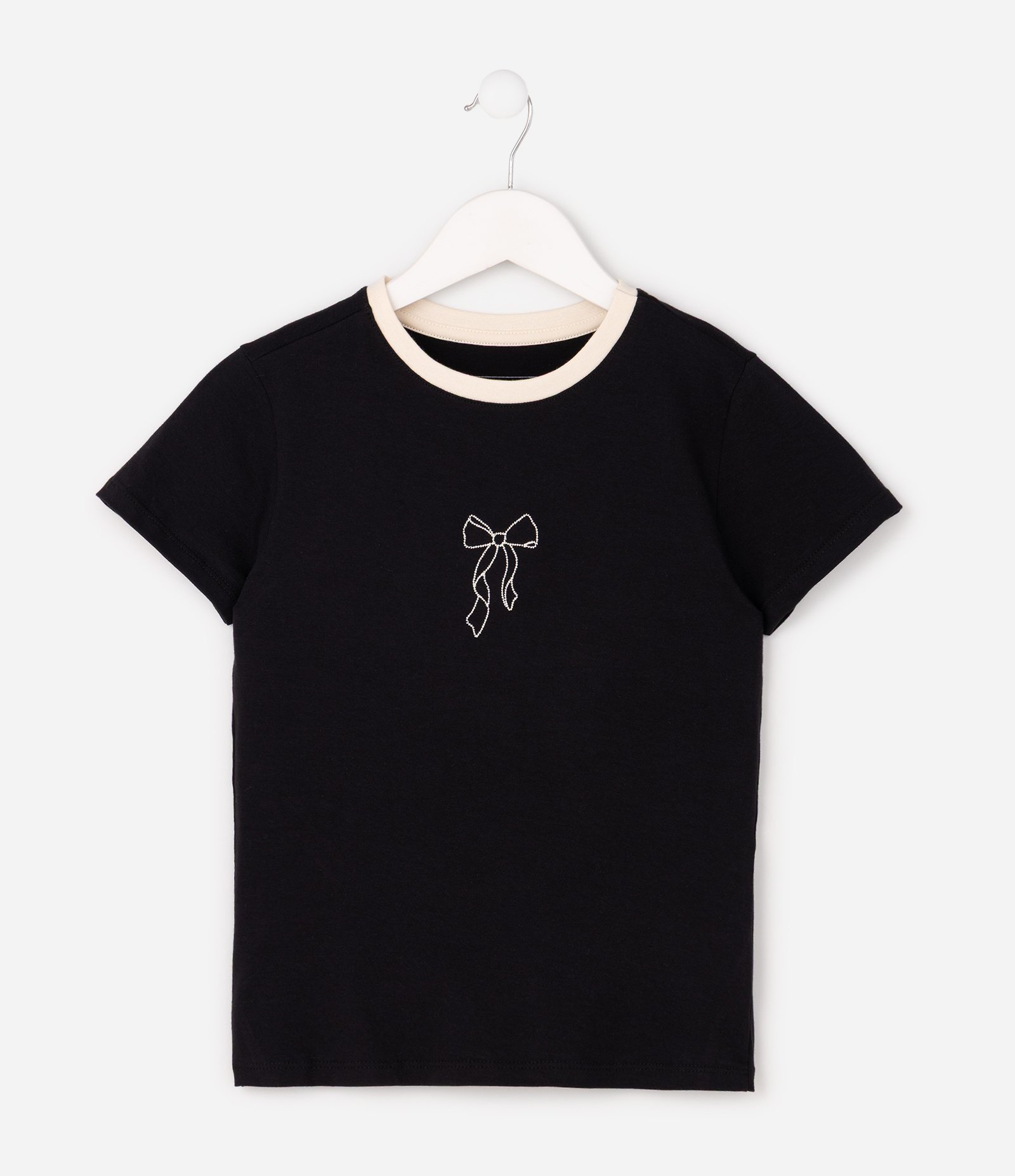 Camiseta Infantil em Algodão com Gola Contrastante e Bordado de Laço - Tam 5 a 16 Anos Preto 2